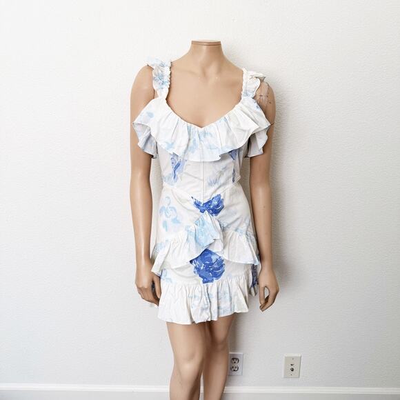 [SABO] White Peony Blue Floral Print Ruffle Mini Dress NWT Fit & Flare Sz Large - Picture 3 of 12